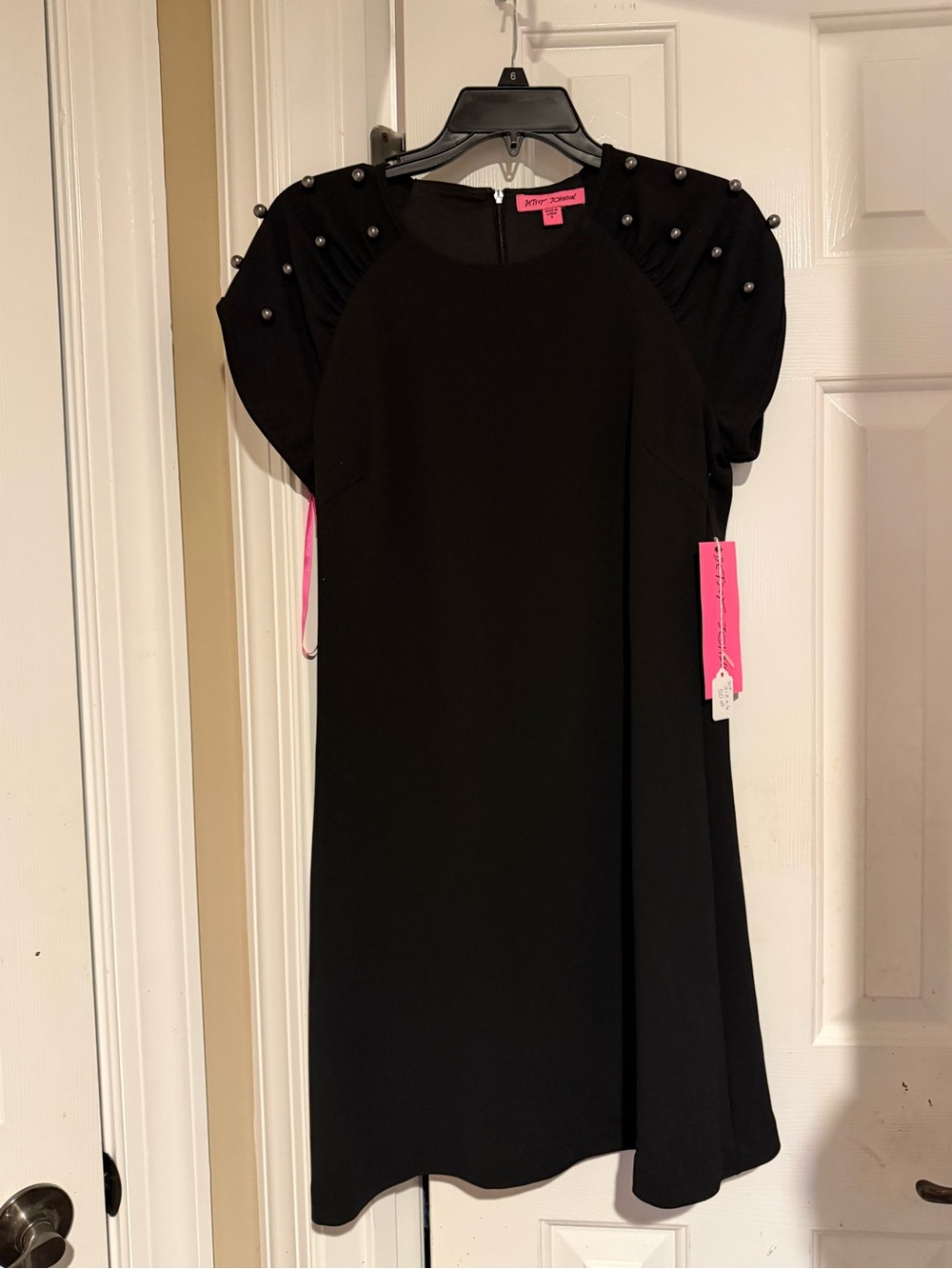 Betsey Johnson Black Pearl-Embellished Puff Sleeve Dress